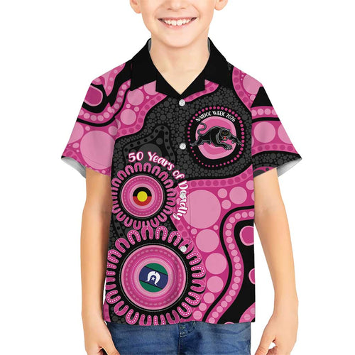 Panthers NAIDOC Week 2026 Personalised Family Matching Off The Shoulder Long Sleeve Dress and Hawaiian Shirt 50 Years of Deadly Aboriginal Art Pink