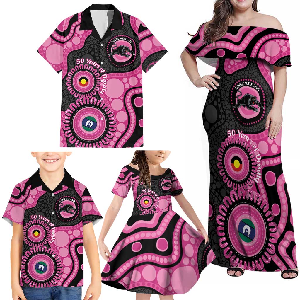 Panthers NAIDOC Week 2026 Personalised Family Matching Off Shoulder Maxi Dress and Hawaiian Shirt 50 Years of Deadly Aboriginal Art Pink
