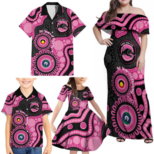 Panthers NAIDOC Week 2026 Personalised Family Matching Off Shoulder Maxi Dress and Hawaiian Shirt 50 Years of Deadly Aboriginal Art Pink