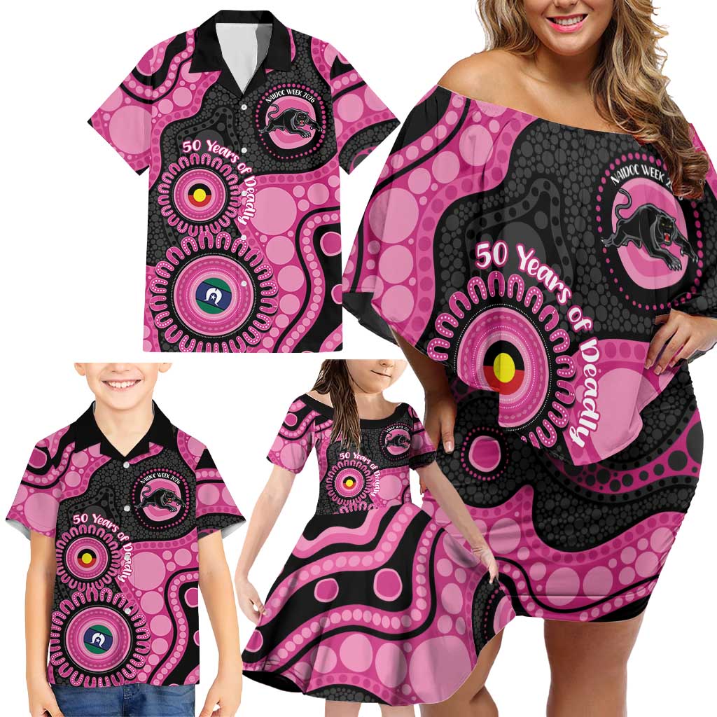 Panthers NAIDOC Week 2026 Personalised Family Matching Off Shoulder Short Dress and Hawaiian Shirt 50 Years of Deadly Aboriginal Art Pink