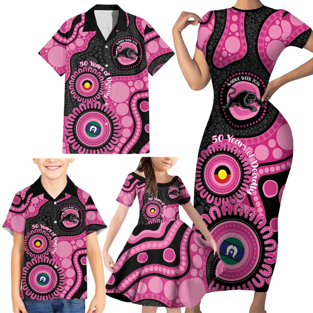 Panthers NAIDOC Week 2026 Personalised Family Matching Short Sleeve Bodycon Dress and Hawaiian Shirt 50 Years of Deadly Aboriginal Art Pink