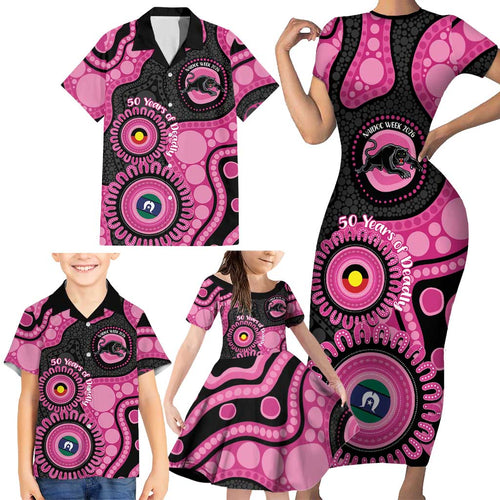 Panthers NAIDOC Week 2026 Personalised Family Matching Short Sleeve Bodycon Dress and Hawaiian Shirt 50 Years of Deadly Aboriginal Art Pink
