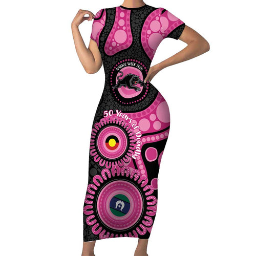 Panthers NAIDOC Week 2026 Personalised Family Matching Short Sleeve Bodycon Dress and Hawaiian Shirt 50 Years of Deadly Aboriginal Art Pink