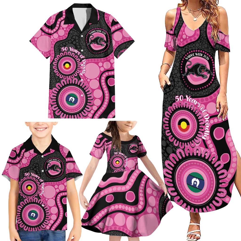 Panthers NAIDOC Week 2026 Personalised Family Matching Summer Maxi Dress and Hawaiian Shirt 50 Years of Deadly Aboriginal Art Pink