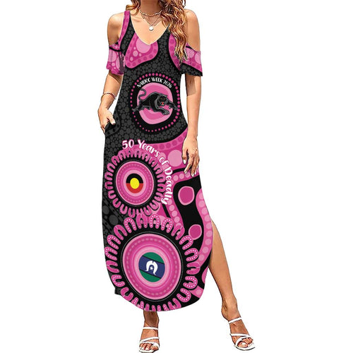 Panthers NAIDOC Week 2026 Personalised Family Matching Summer Maxi Dress and Hawaiian Shirt 50 Years of Deadly Aboriginal Art Pink