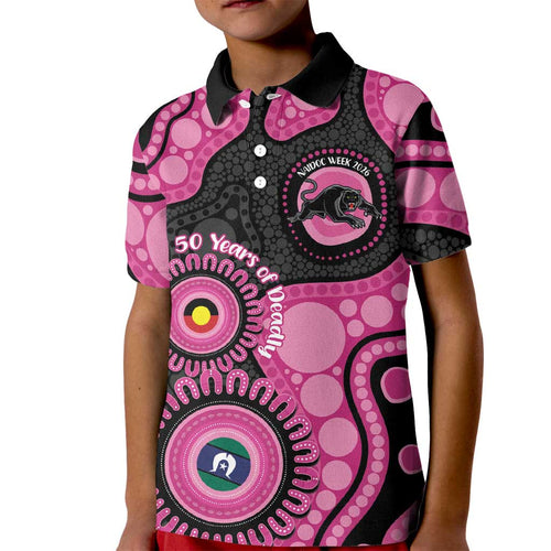 Panthers NAIDOC Week 2026 Personalised Kid Polo Shirt 50 Years of Deadly Aboriginal Art Pink