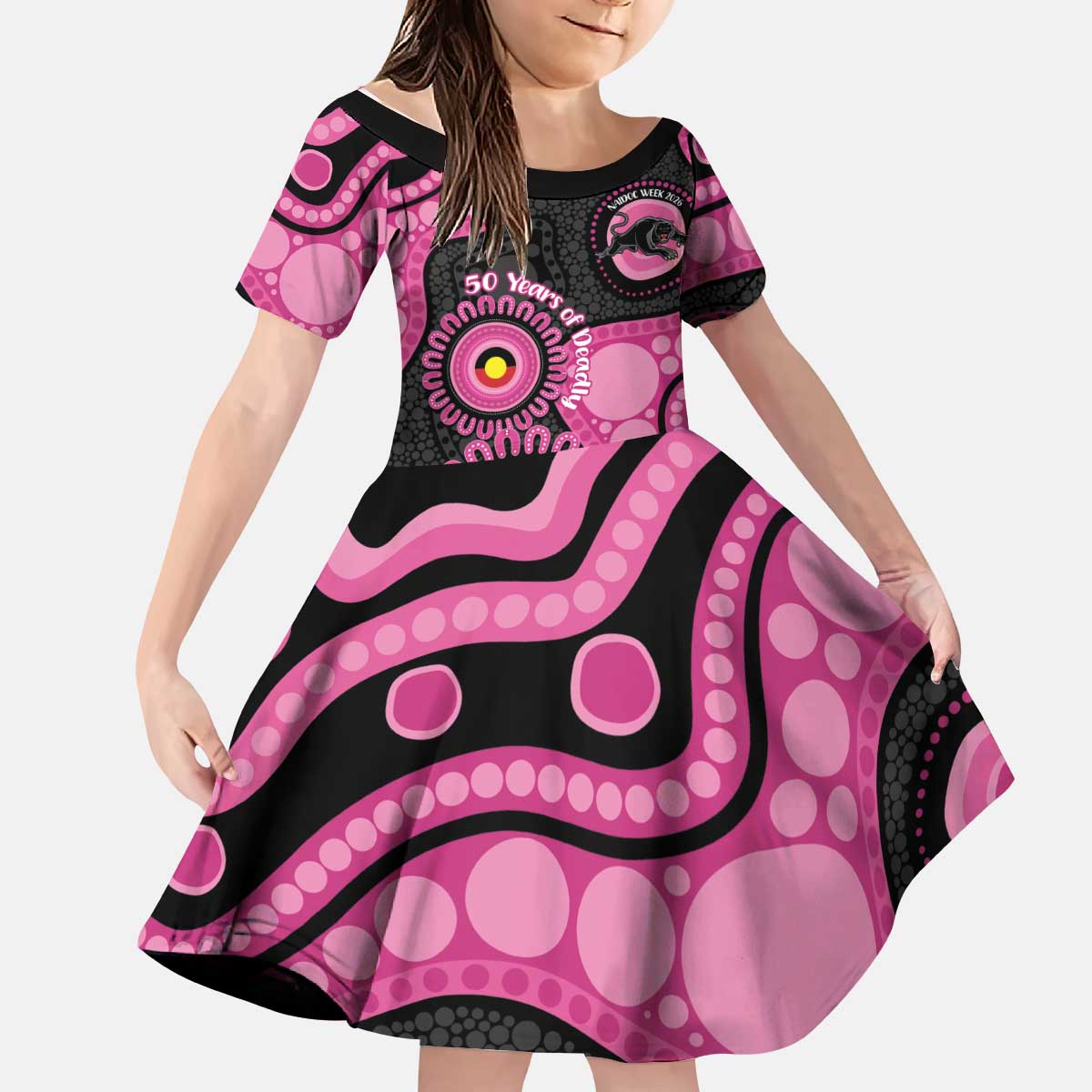 Panthers NAIDOC Week 2026 Personalised Kid Short Sleeve Dress 50 Years of Deadly Aboriginal Art Pink