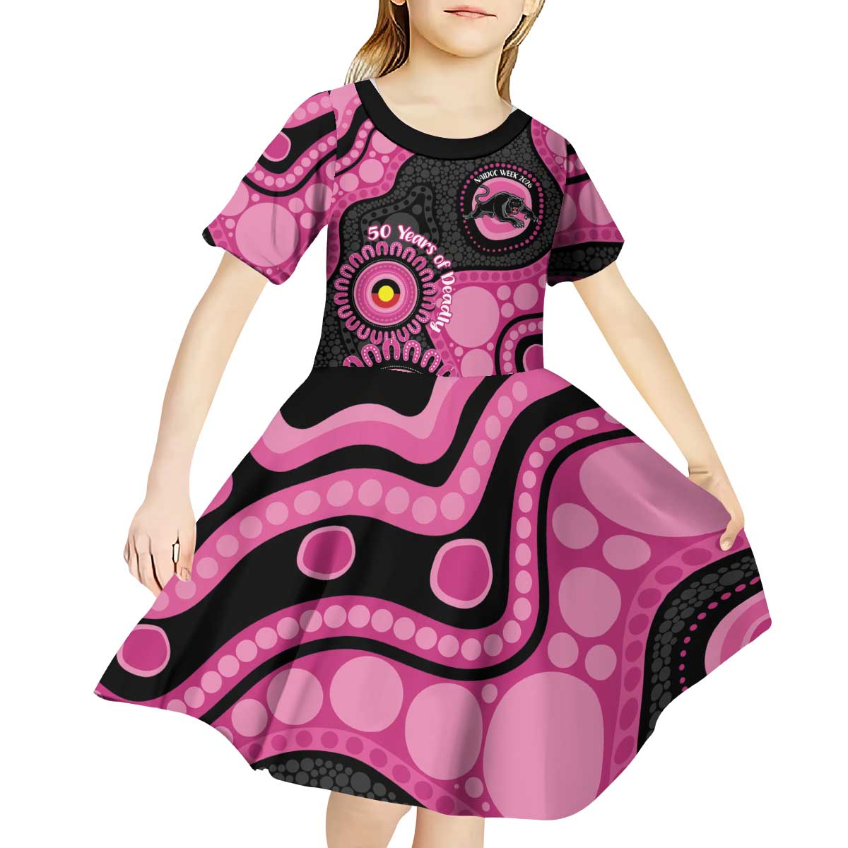 Panthers NAIDOC Week 2026 Personalised Kid Short Sleeve Dress 50 Years of Deadly Aboriginal Art Pink