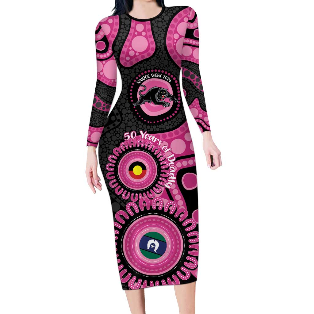 Panthers NAIDOC Week 2026 Personalised Long Sleeve Bodycon Dress 50 Years of Deadly Aboriginal Art Pink