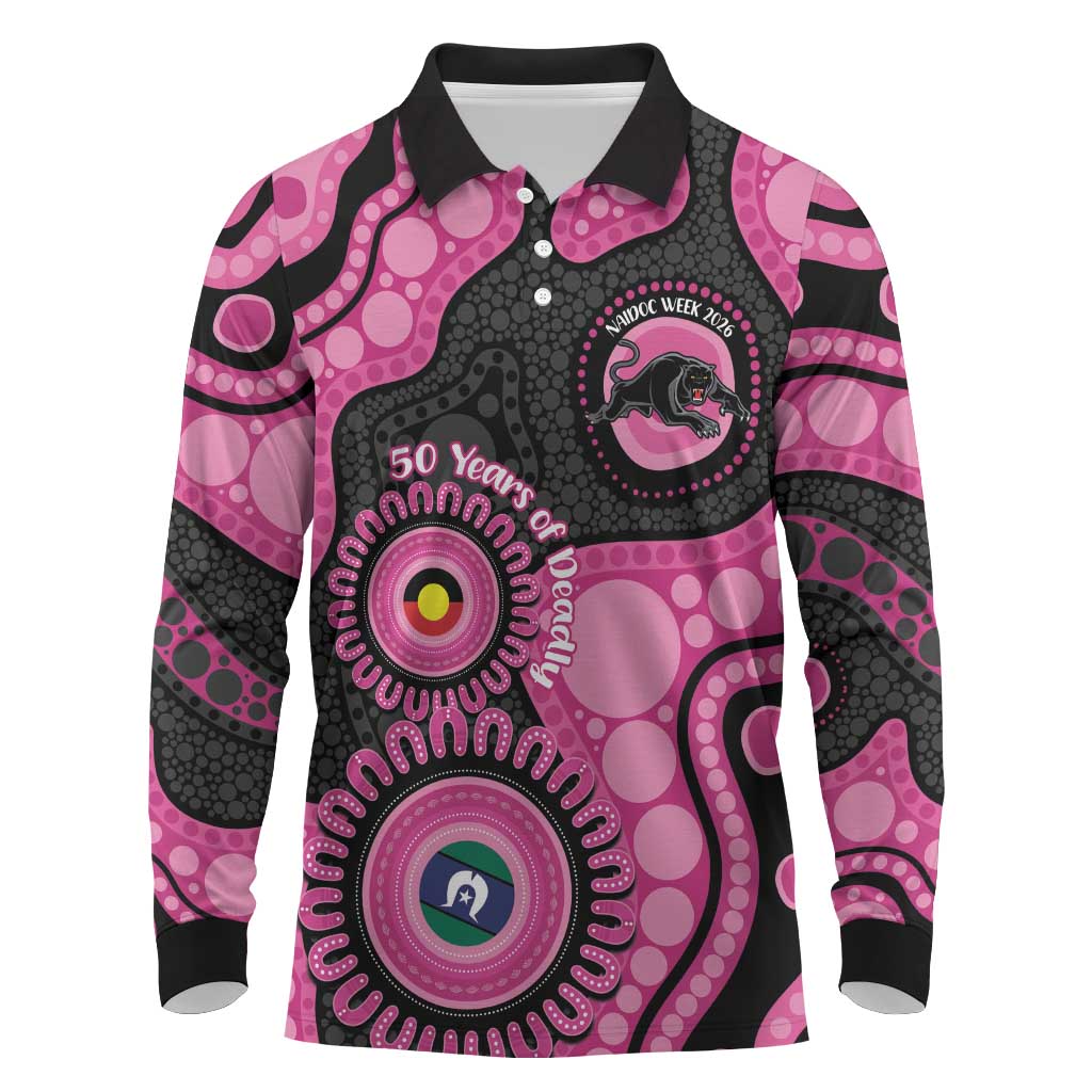 Panthers NAIDOC Week 2026 Personalised Long Sleeve Polo Shirt 50 Years of Deadly Aboriginal Art Pink