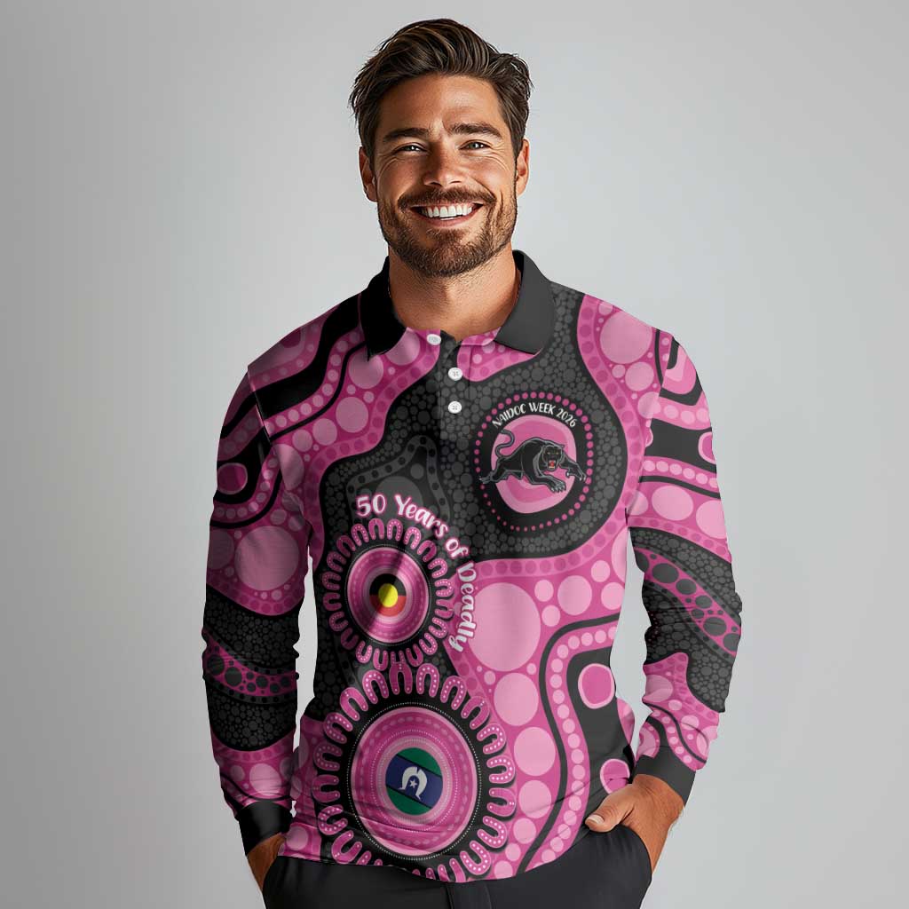 Panthers NAIDOC Week 2026 Personalised Long Sleeve Polo Shirt 50 Years of Deadly Aboriginal Art Pink