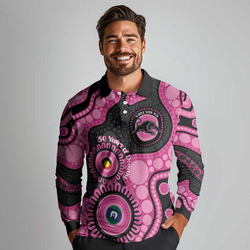 Panthers NAIDOC Week 2026 Personalised Long Sleeve Polo Shirt 50 Years of Deadly Aboriginal Art Pink
