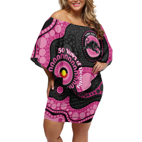 Panthers NAIDOC Week 2026 Personalised Off Shoulder Short Dress 50 Years of Deadly Aboriginal Art Pink