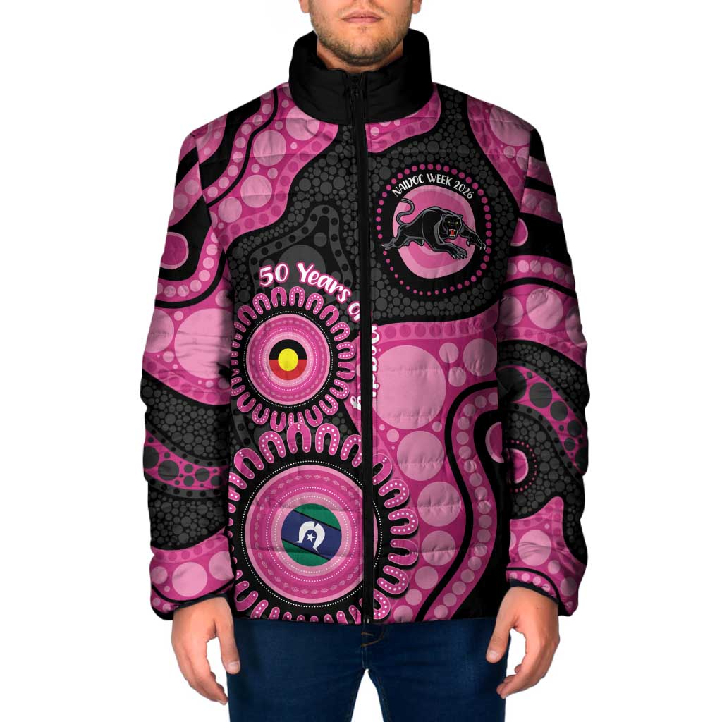Panthers NAIDOC Week 2026 Personalised Padded Jacket 50 Years of Deadly Aboriginal Art Pink