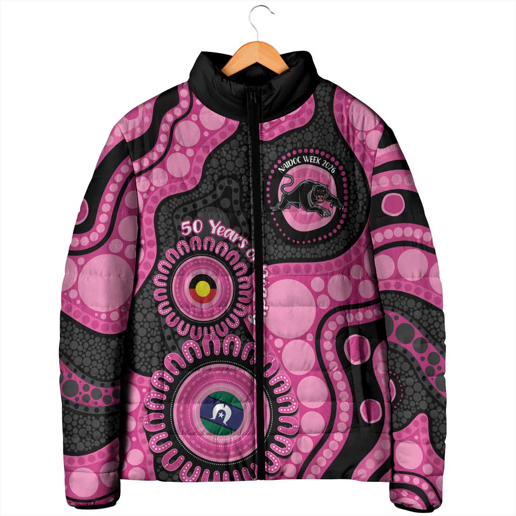 Panthers NAIDOC Week 2026 Personalised Padded Jacket 50 Years of Deadly Aboriginal Art Pink