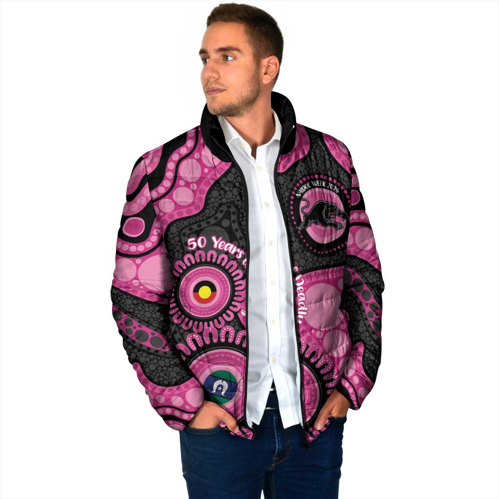 Panthers NAIDOC Week 2026 Personalised Padded Jacket 50 Years of Deadly Aboriginal Art Pink