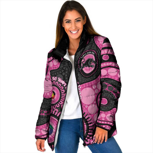 Panthers NAIDOC Week 2026 Personalised Padded Jacket 50 Years of Deadly Aboriginal Art Pink