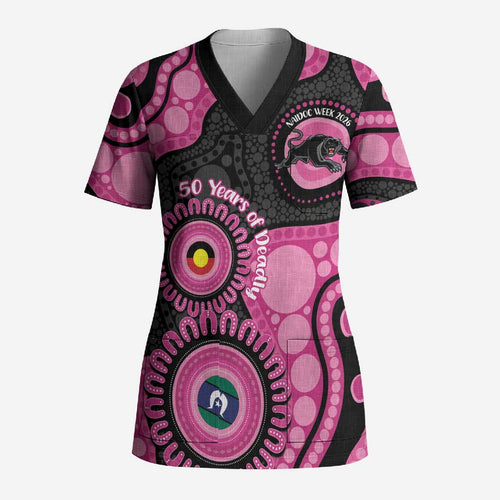 Panthers NAIDOC Week 2026 Personalised Scrub Top 50 Years of Deadly Aboriginal Art Pink