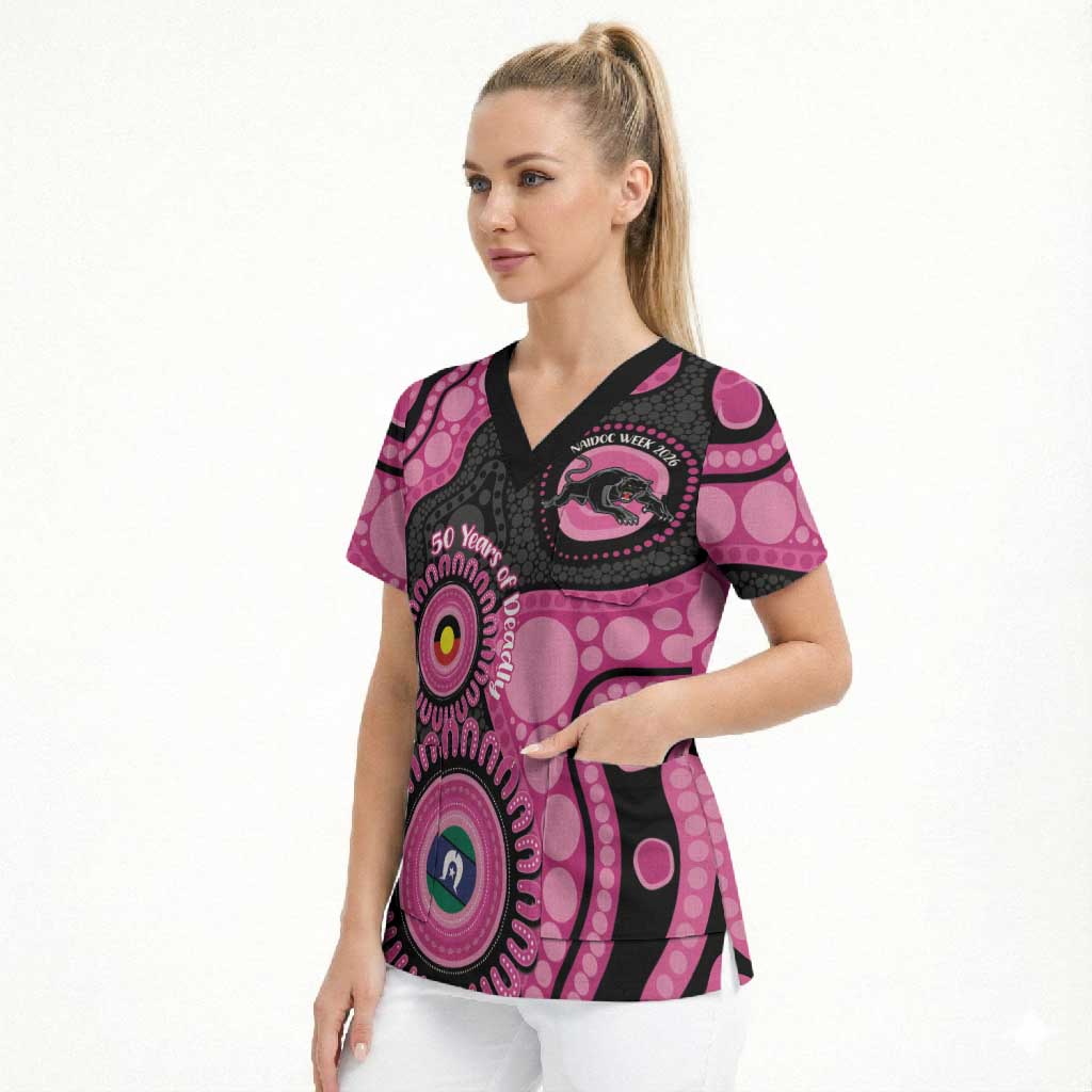 Panthers NAIDOC Week 2026 Personalised Scrub Top 50 Years of Deadly Aboriginal Art Pink