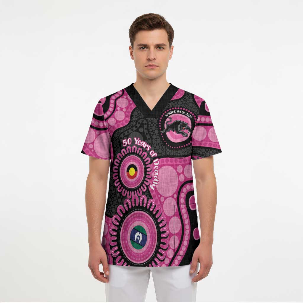 Panthers NAIDOC Week 2026 Personalised Scrub Top 50 Years of Deadly Aboriginal Art Pink