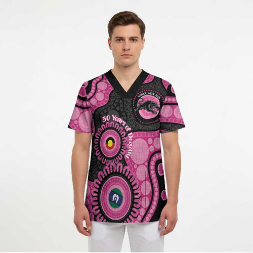 Panthers NAIDOC Week 2026 Personalised Scrub Top 50 Years of Deadly Aboriginal Art Pink