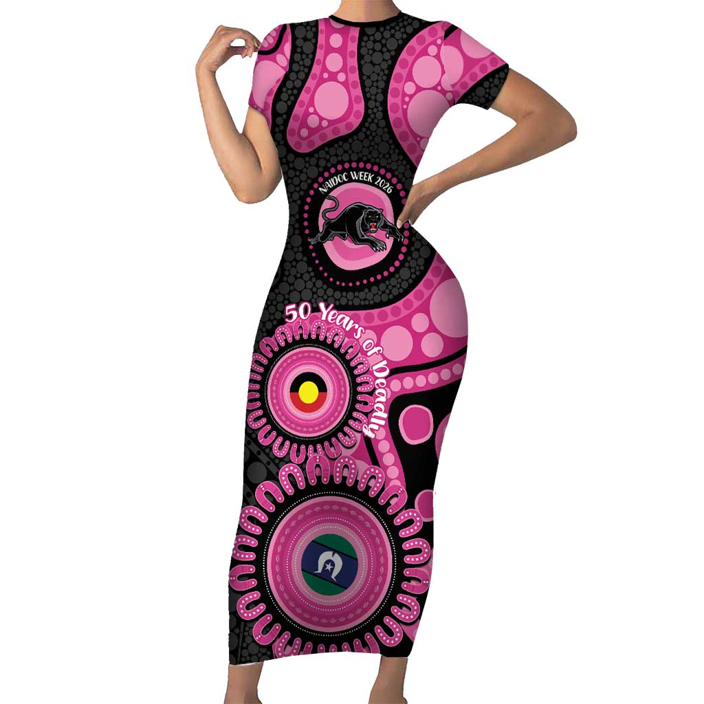 Panthers NAIDOC Week 2026 Personalised Short Sleeve Bodycon Dress 50 Years of Deadly Aboriginal Art Pink
