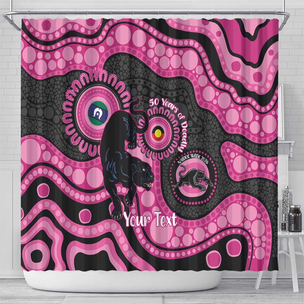 Panthers NAIDOC Week 2026 Personalised Shower Curtain 50 Years of Deadly Aboriginal Art Pink
