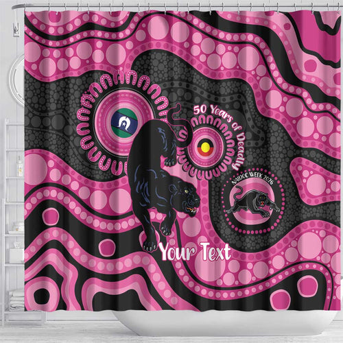 Panthers NAIDOC Week 2026 Personalised Shower Curtain 50 Years of Deadly Aboriginal Art Pink
