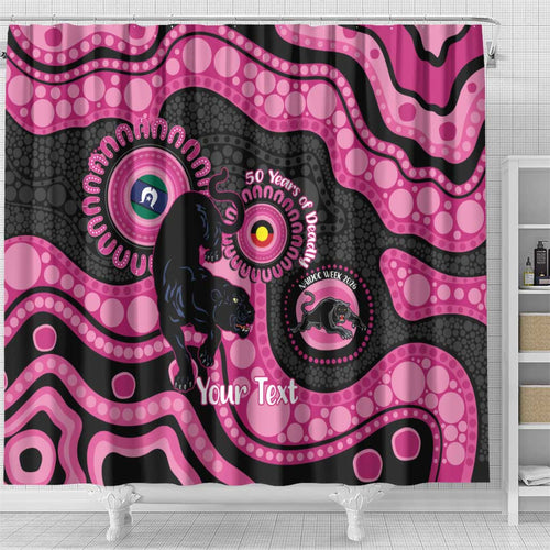 Panthers NAIDOC Week 2026 Personalised Shower Curtain 50 Years of Deadly Aboriginal Art Pink