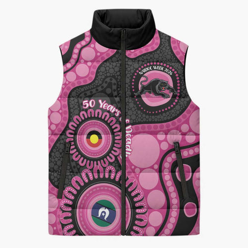 Panthers NAIDOC Week 2026 Personalised Sleeveless Puffer Jacket 50 Years of Deadly Aboriginal Art Pink
