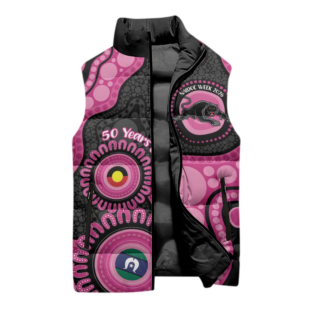 Panthers NAIDOC Week 2026 Personalised Sleeveless Puffer Jacket 50 Years of Deadly Aboriginal Art Pink