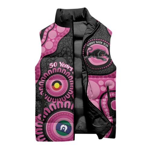 Panthers NAIDOC Week 2026 Personalised Sleeveless Puffer Jacket 50 Years of Deadly Aboriginal Art Pink