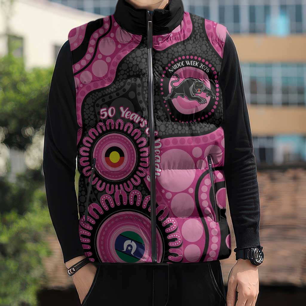 Panthers NAIDOC Week 2026 Personalised Sleeveless Puffer Jacket 50 Years of Deadly Aboriginal Art Pink