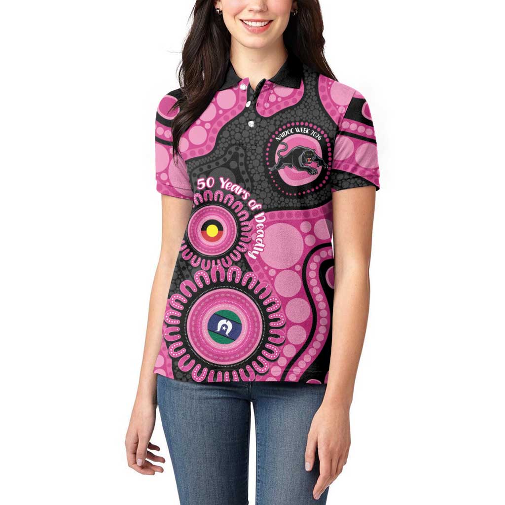 Panthers NAIDOC Week 2026 Personalised Women Polo Shirt 50 Years of Deadly Aboriginal Art Pink