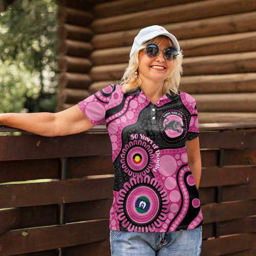 Panthers NAIDOC Week 2026 Personalised Women Polo Shirt 50 Years of Deadly Aboriginal Art Pink
