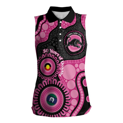 Panthers NAIDOC Week 2026 Personalised Women Sleeveless Polo Shirt 50 Years of Deadly Aboriginal Art Pink