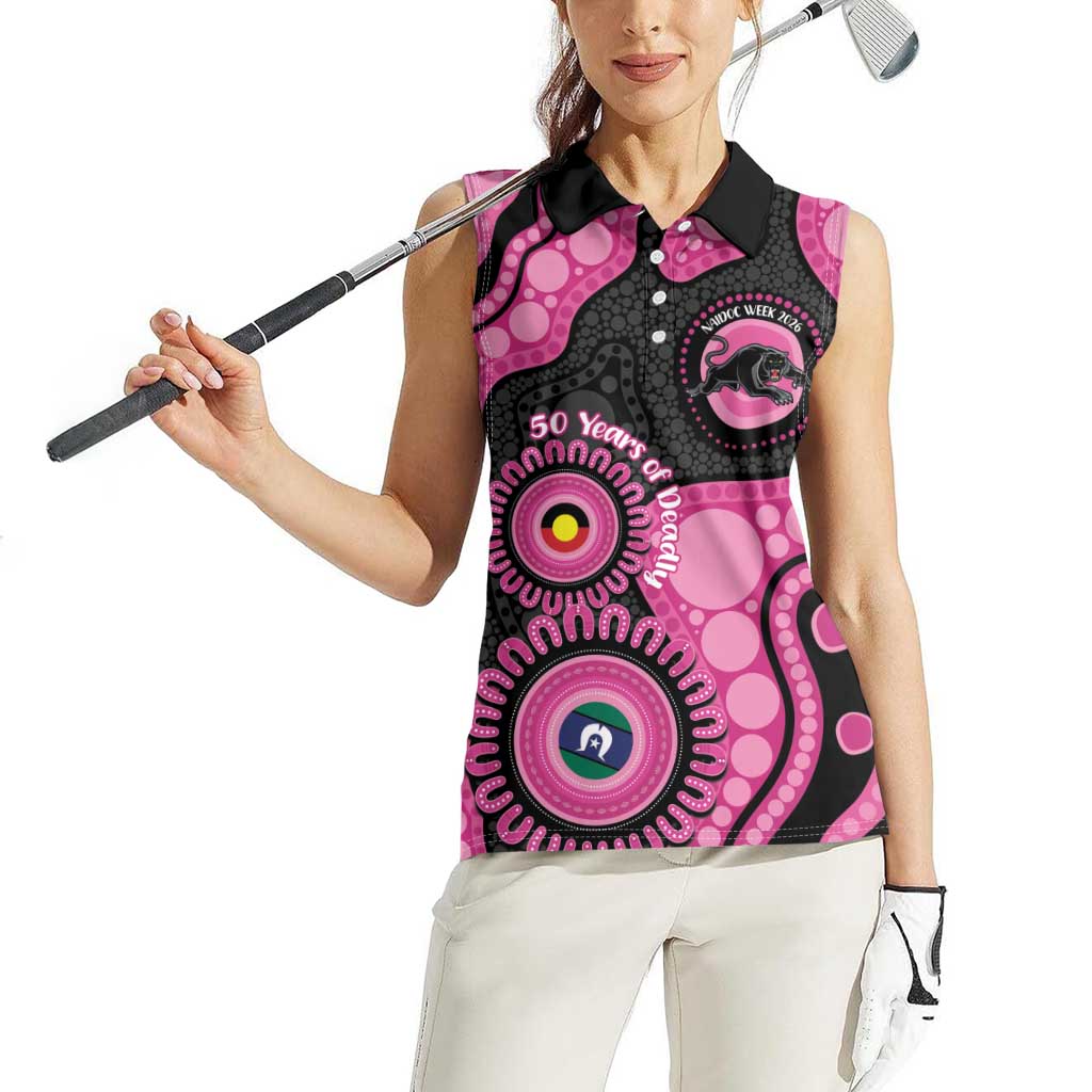 Panthers NAIDOC Week 2026 Personalised Women Sleeveless Polo Shirt 50 Years of Deadly Aboriginal Art Pink