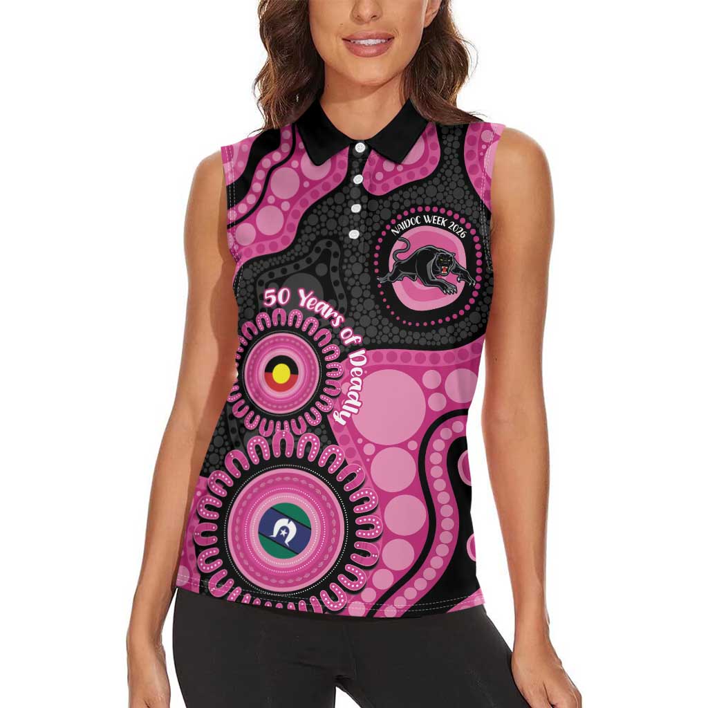 Panthers NAIDOC Week 2026 Personalised Women Sleeveless Polo Shirt 50 Years of Deadly Aboriginal Art Pink