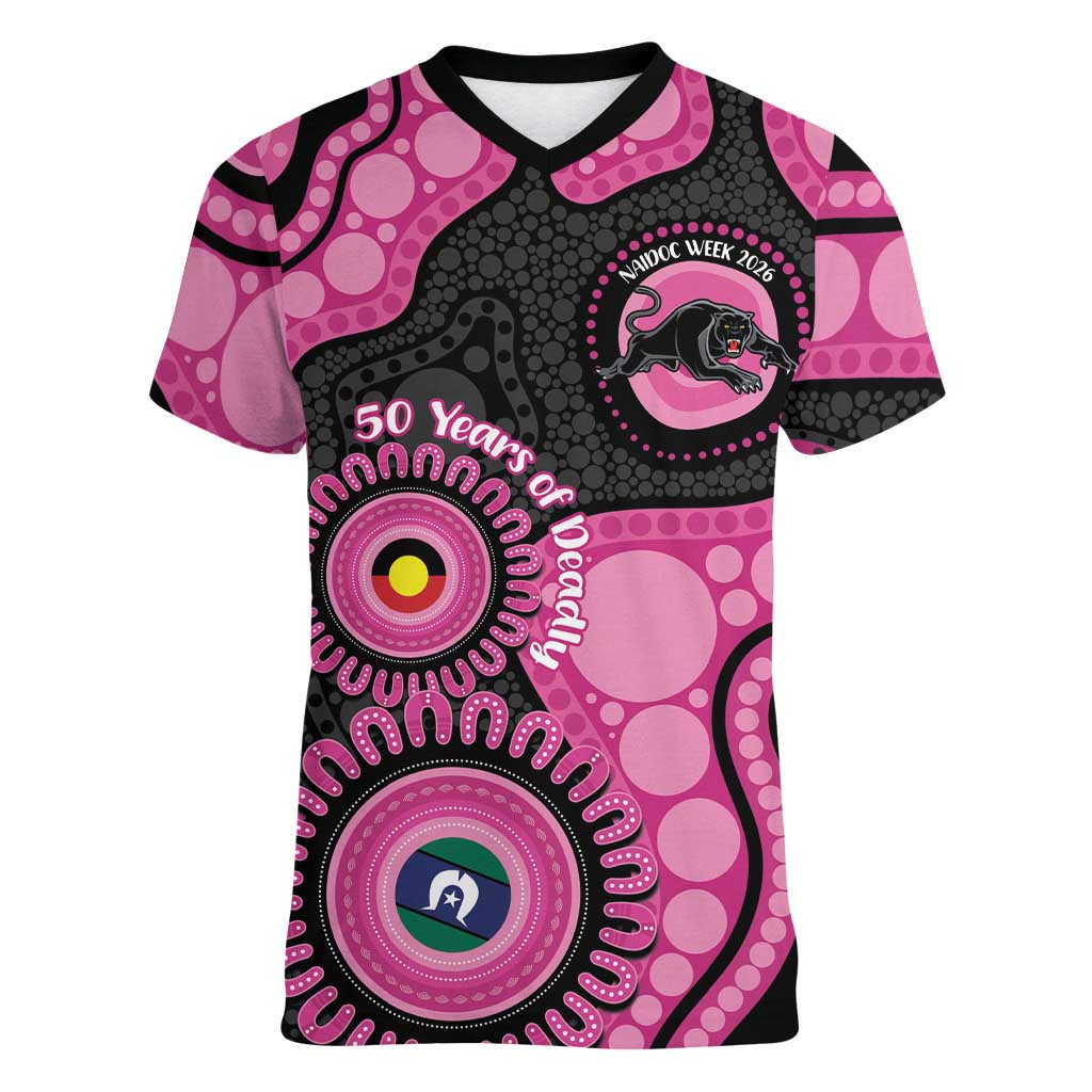 Panthers NAIDOC Week 2026 Personalised Women V-Neck T-Shirt 50 Years of Deadly Aboriginal Art Pink