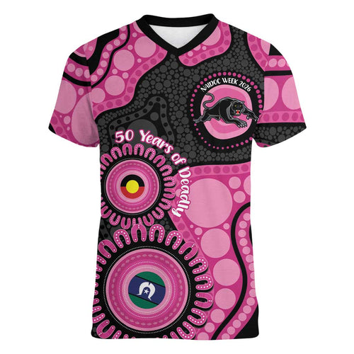Panthers NAIDOC Week 2026 Personalised Women V-Neck T-Shirt 50 Years of Deadly Aboriginal Art Pink