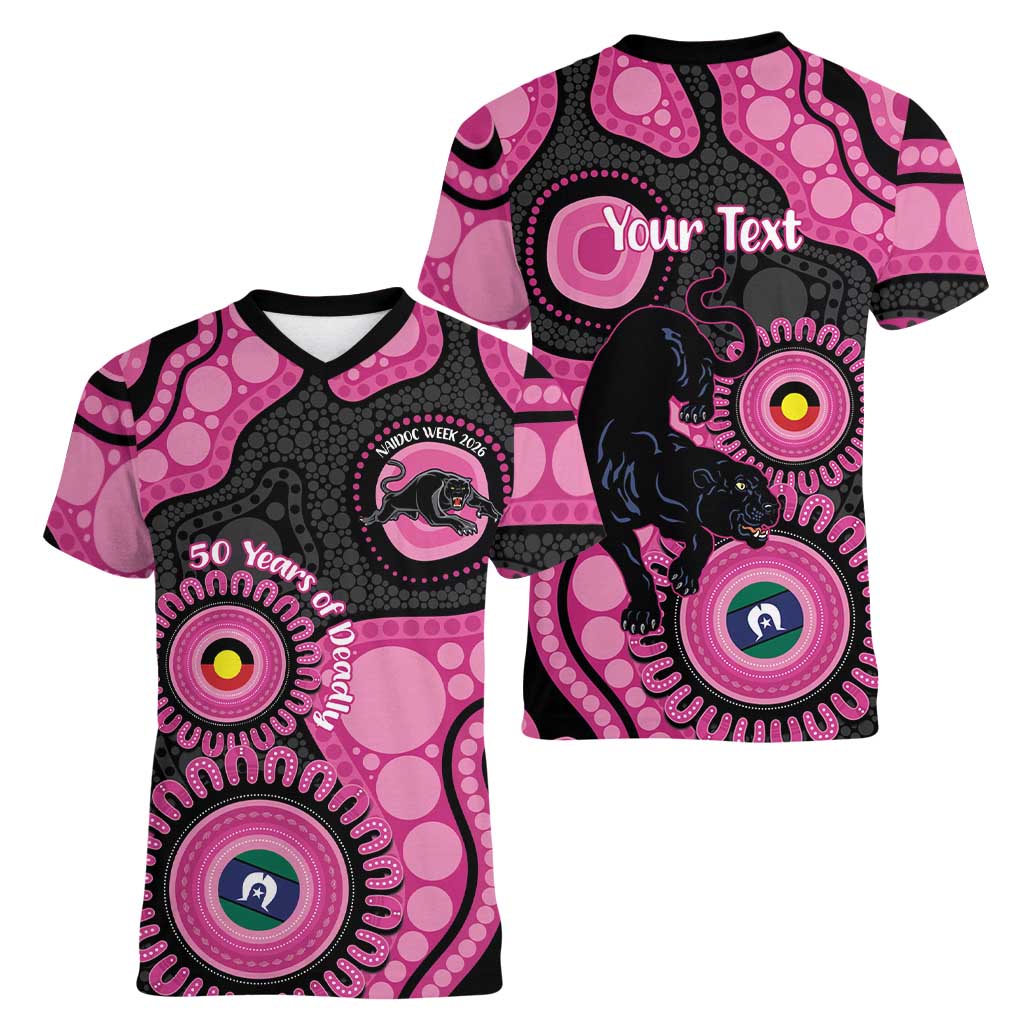 Panthers NAIDOC Week 2026 Personalised Women V-Neck T-Shirt 50 Years of Deadly Aboriginal Art Pink