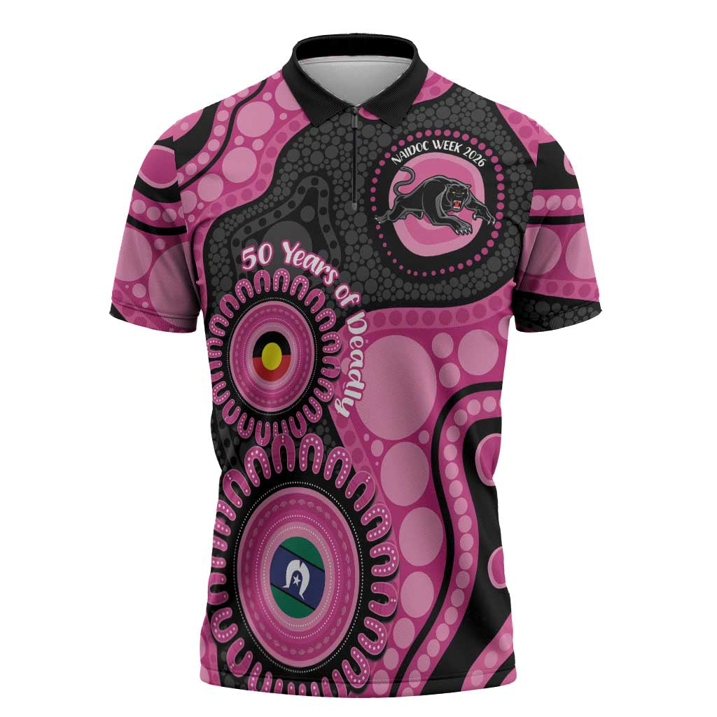 Panthers NAIDOC Week 2026 Personalised Zipper Polo Shirt 50 Years of Deadly Aboriginal Art Pink