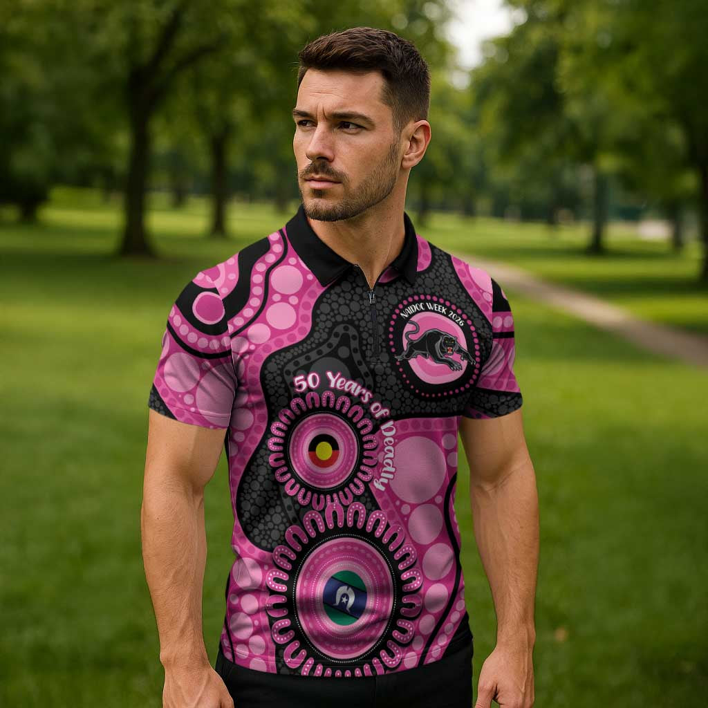 Panthers NAIDOC Week 2026 Personalised Zipper Polo Shirt 50 Years of Deadly Aboriginal Art Pink