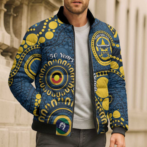 Cowboys NAIDOC Week 2026 Personalised Bomber Puffer Jacket 50 Years of Deadly Aboriginal Art