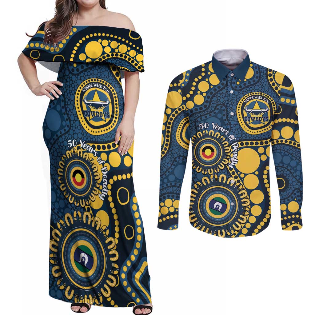 Cowboys NAIDOC Week 2026 Personalised Couples Matching Off Shoulder Maxi Dress and Long Sleeve Button Shirt 50 Years of Deadly Aboriginal Art