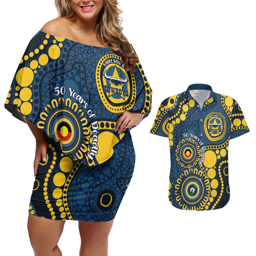 Cowboys NAIDOC Week 2026 Personalised Couples Matching Off Shoulder Short Dress and Hawaiian Shirt 50 Years of Deadly Aboriginal Art