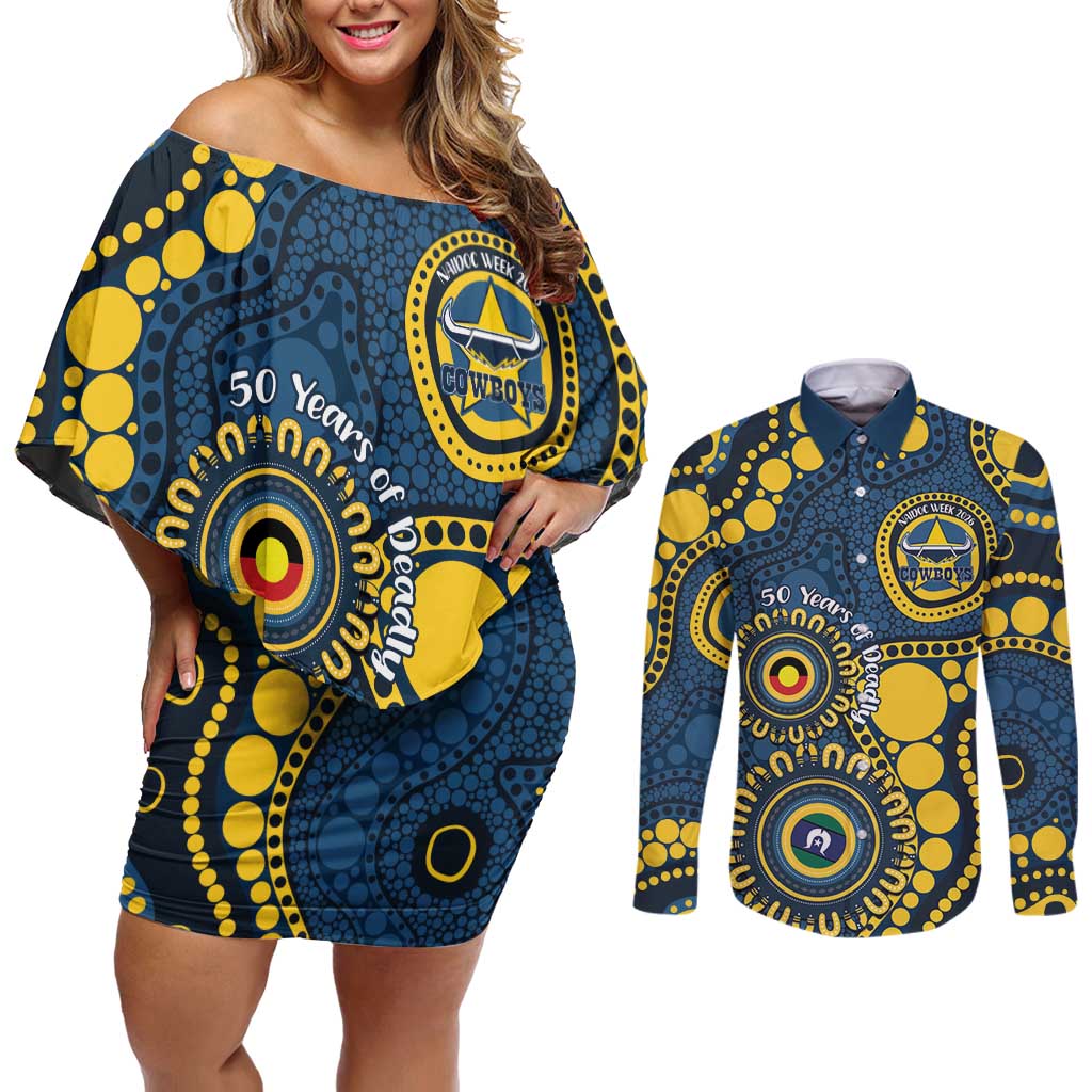 Cowboys NAIDOC Week 2026 Personalised Couples Matching Off Shoulder Short Dress and Long Sleeve Button Shirt 50 Years of Deadly Aboriginal Art