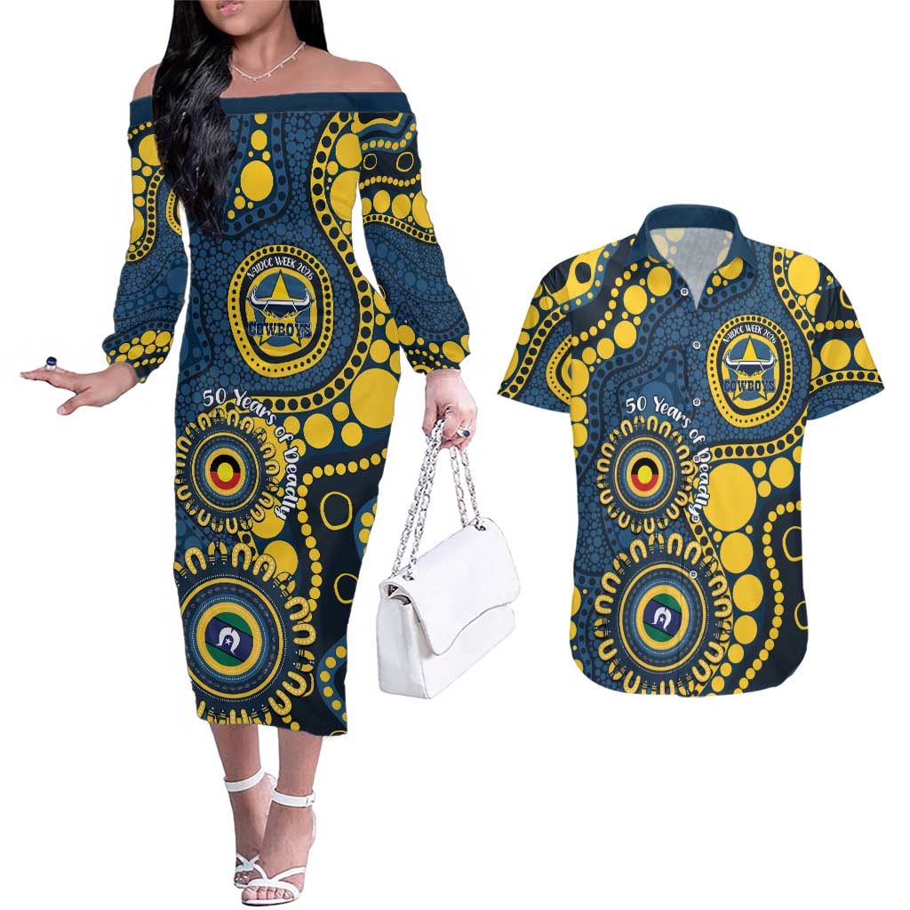 Cowboys NAIDOC Week 2026 Personalised Couples Matching Off The Shoulder Long Sleeve Dress and Hawaiian Shirt 50 Years of Deadly Aboriginal Art