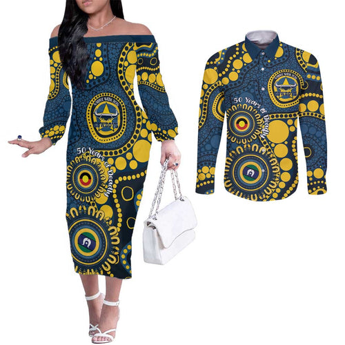 Cowboys NAIDOC Week 2026 Personalised Couples Matching Off The Shoulder Long Sleeve Dress and Long Sleeve Button Shirt 50 Years of Deadly Aboriginal Art