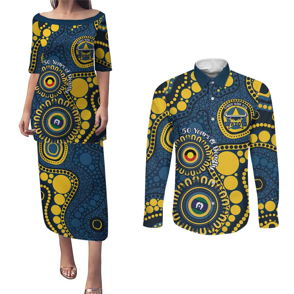 Cowboys NAIDOC Week 2026 Personalised Couples Matching Puletasi and Long Sleeve Button Shirt 50 Years of Deadly Aboriginal Art